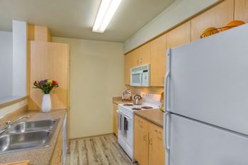 Nicely equipped kitchen with refrigerator, range and dishwasher